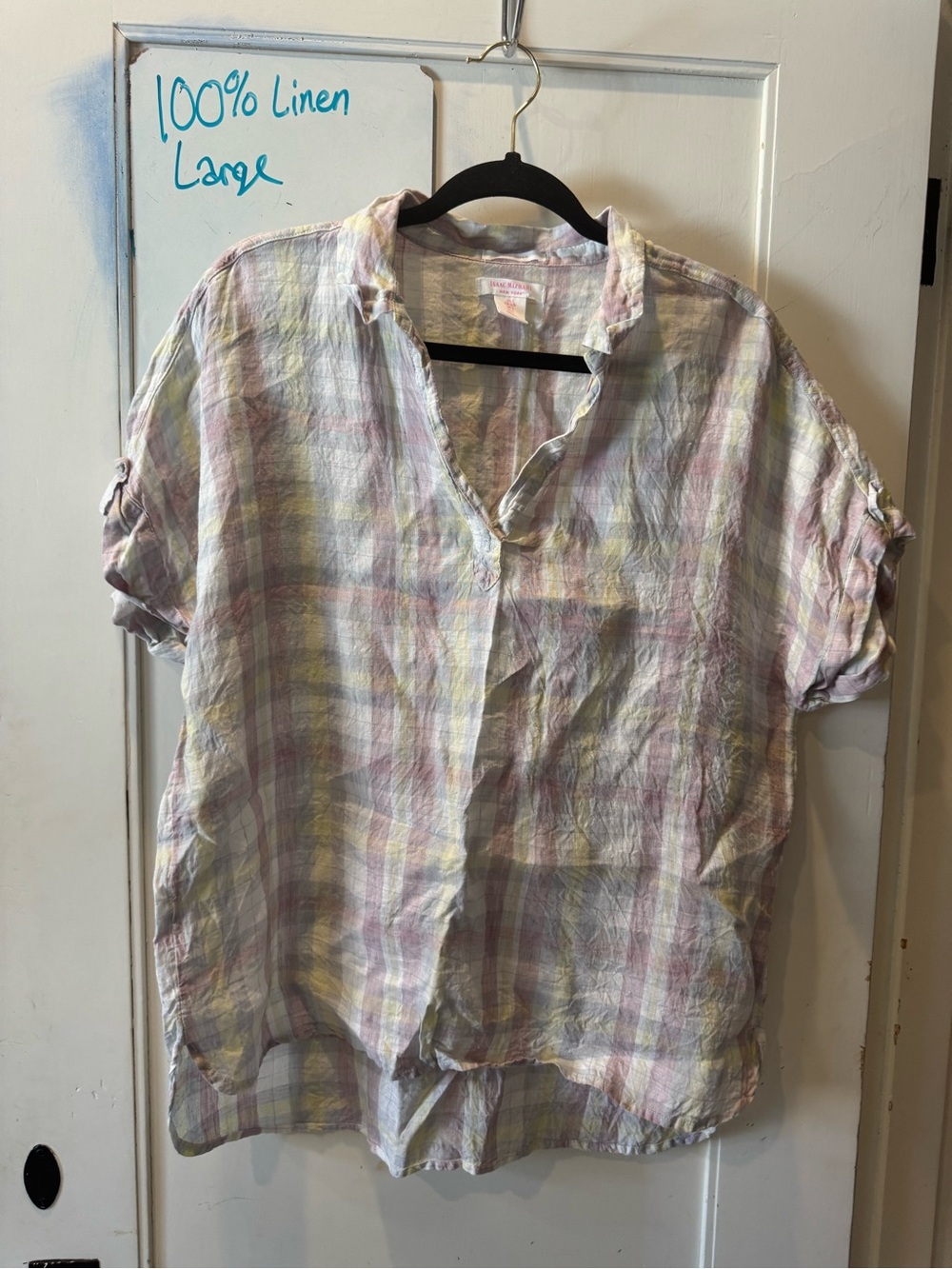 100% Linen Plaid Short-Sleeve Shirt - Pastel Multi